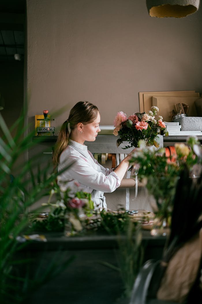 Female florist arranging fresh flowers in a small business setting.